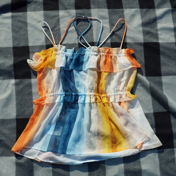Blue Orange Rainbow Strappy H&M Chiffon Ruffle Top - Picture 2 of 6